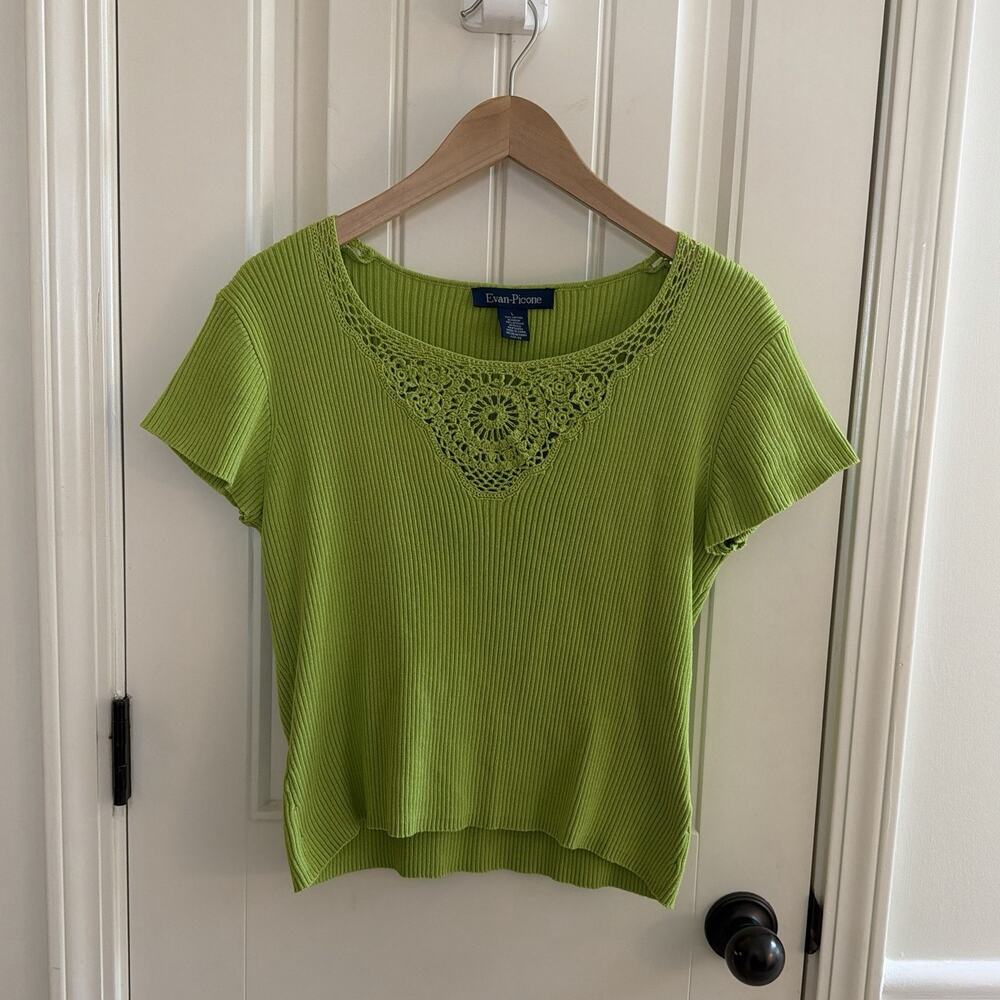 Vintage Evan-Picone Lime Green Knit Ribbed Short Sleeve Sweater Top Womenโs Sz L
